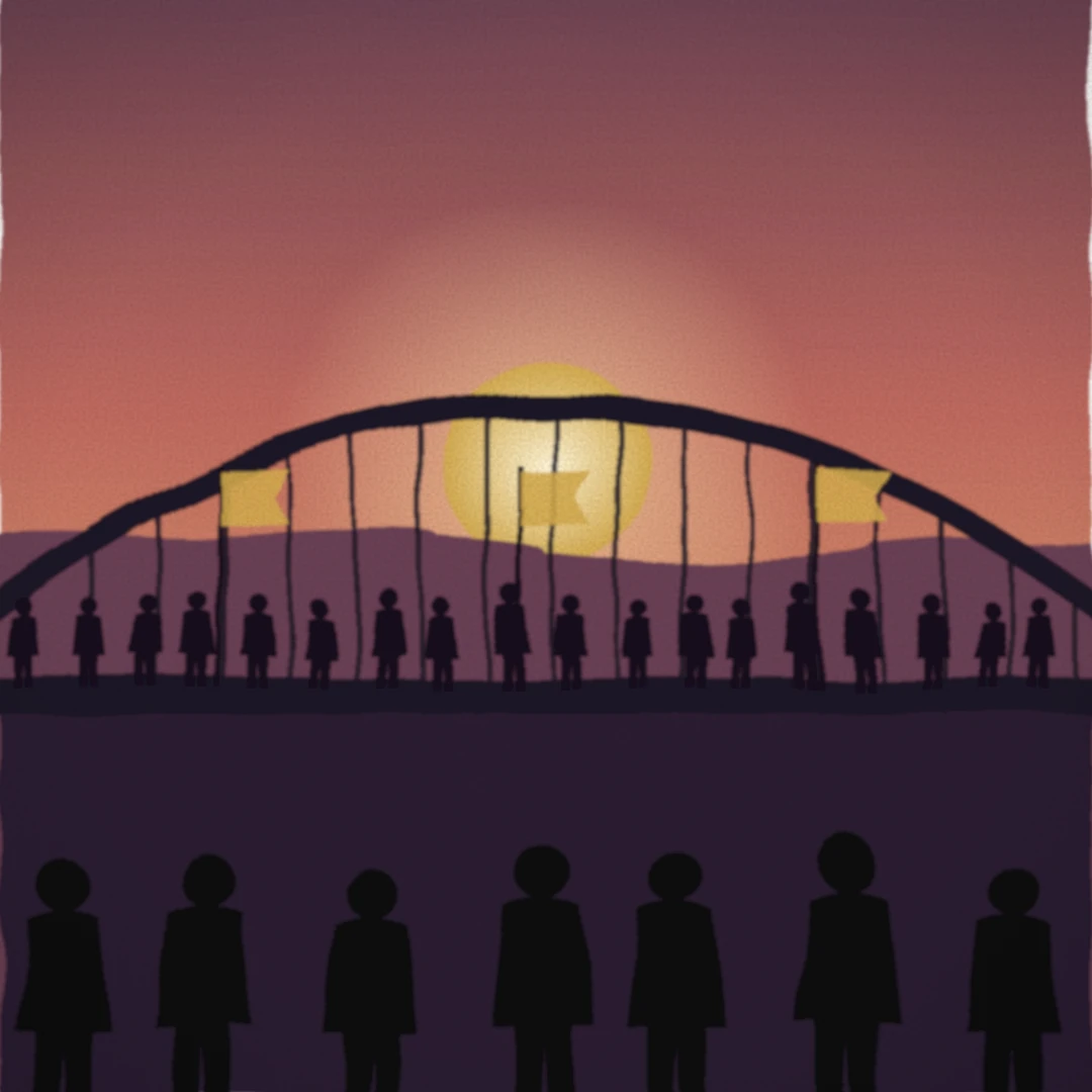 Placeholder illustration: marchers crossing a bridge at dawn
