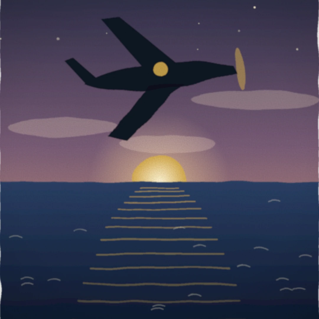 Placeholder illustration: a monoplane crossing the ocean at dusk