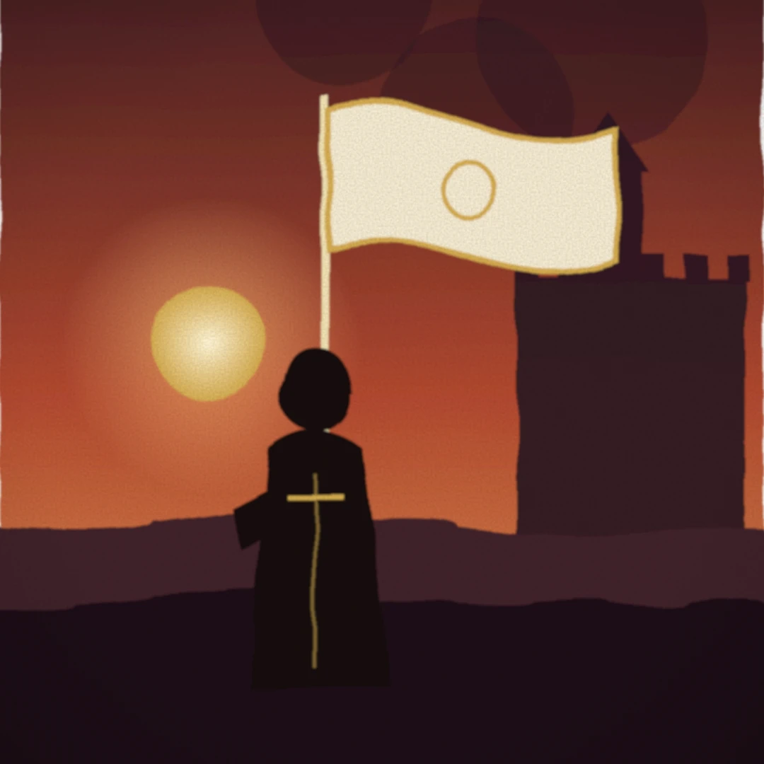 Placeholder illustration: a young commander with a banner before a besieged town