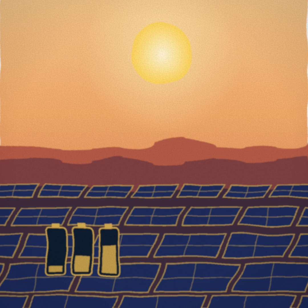 Placeholder illustration: solar panel fields and battery cells at sunrise