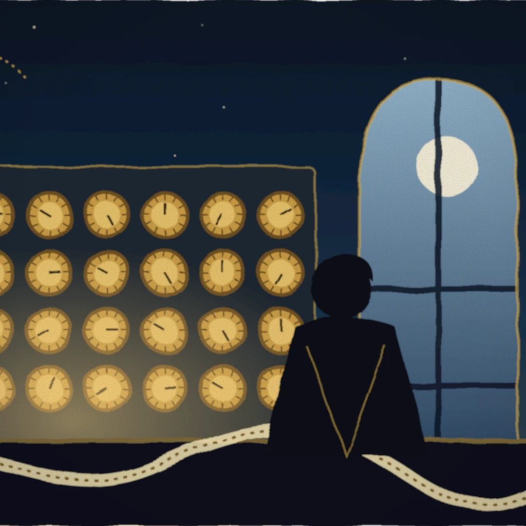 Placeholder illustration: Alan Turing at a code-breaking machine, moonlit window